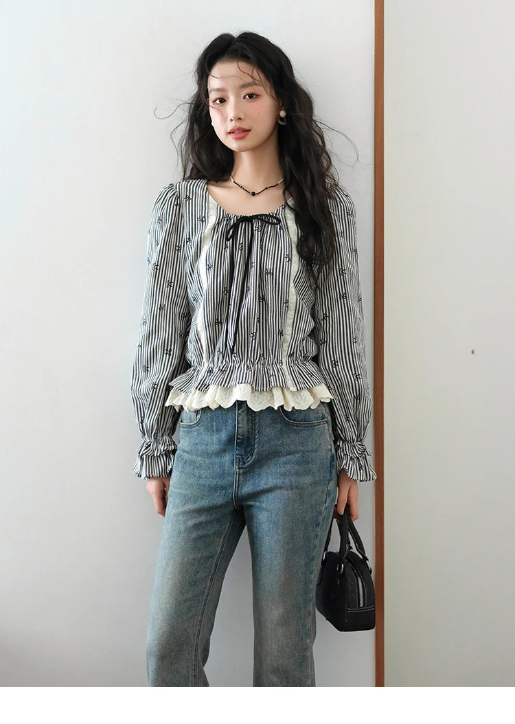 MISHOW Black Striped Blouse Lace-Up Bow Round Collar MXE41X1948