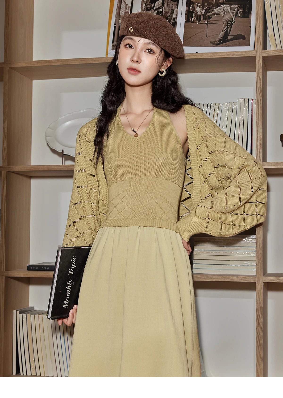 Mishow Hanging Neck Dress & Hollow Knit Cardigan Set MPD42L2040