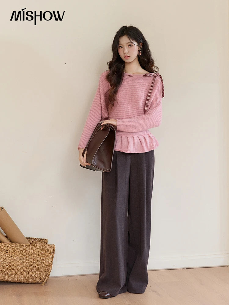 Mishow Pink Plaid Bow Peplum Ribbed Sweater MXF11Z3016
