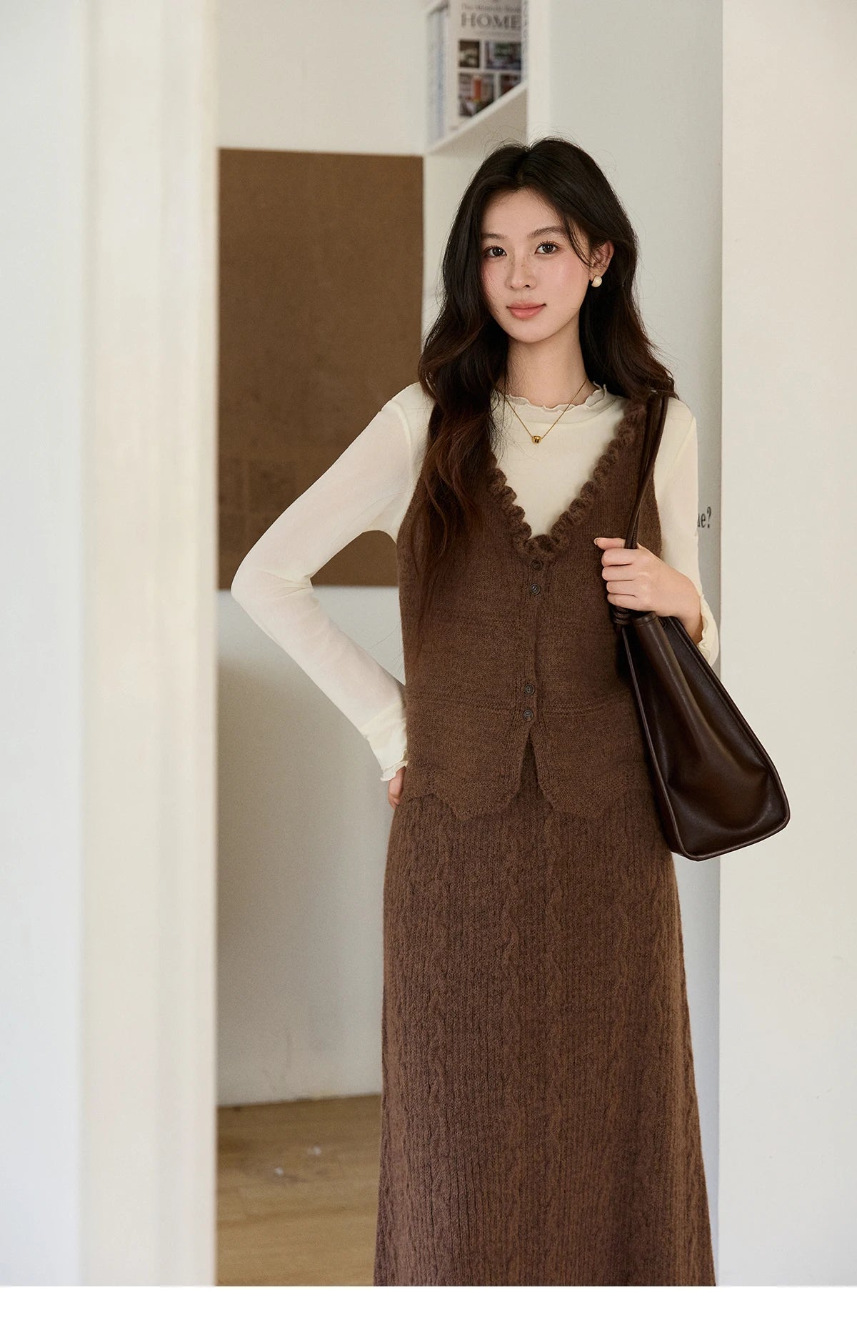 Mishow Brown Knitted Vest & Cable Knit Maxi Skirt Set MXF11T1460