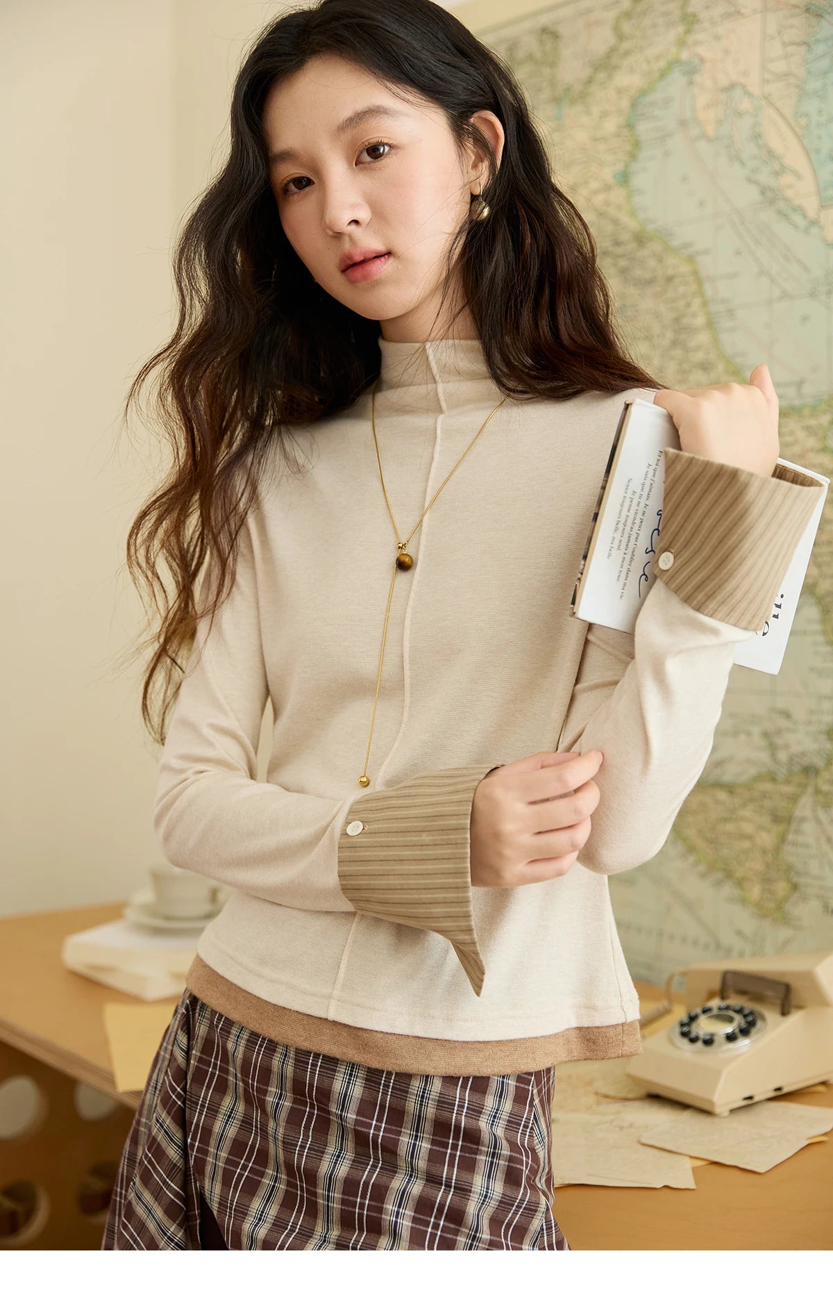 Mishow Apricot Stand Collar Slim Top with Detachable Cuffs MXE49Z2532