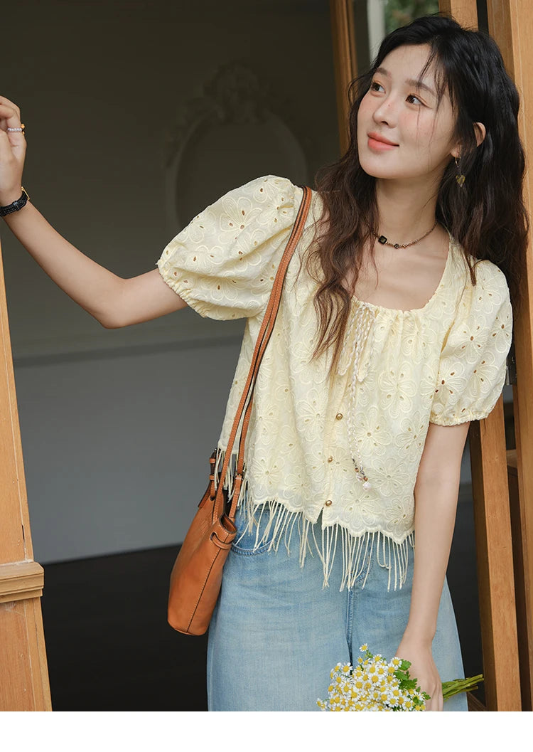 MISHOW Hollow Out Blouse Embroidery Puff Sleeve Square Collar Tassel MXE37X1851