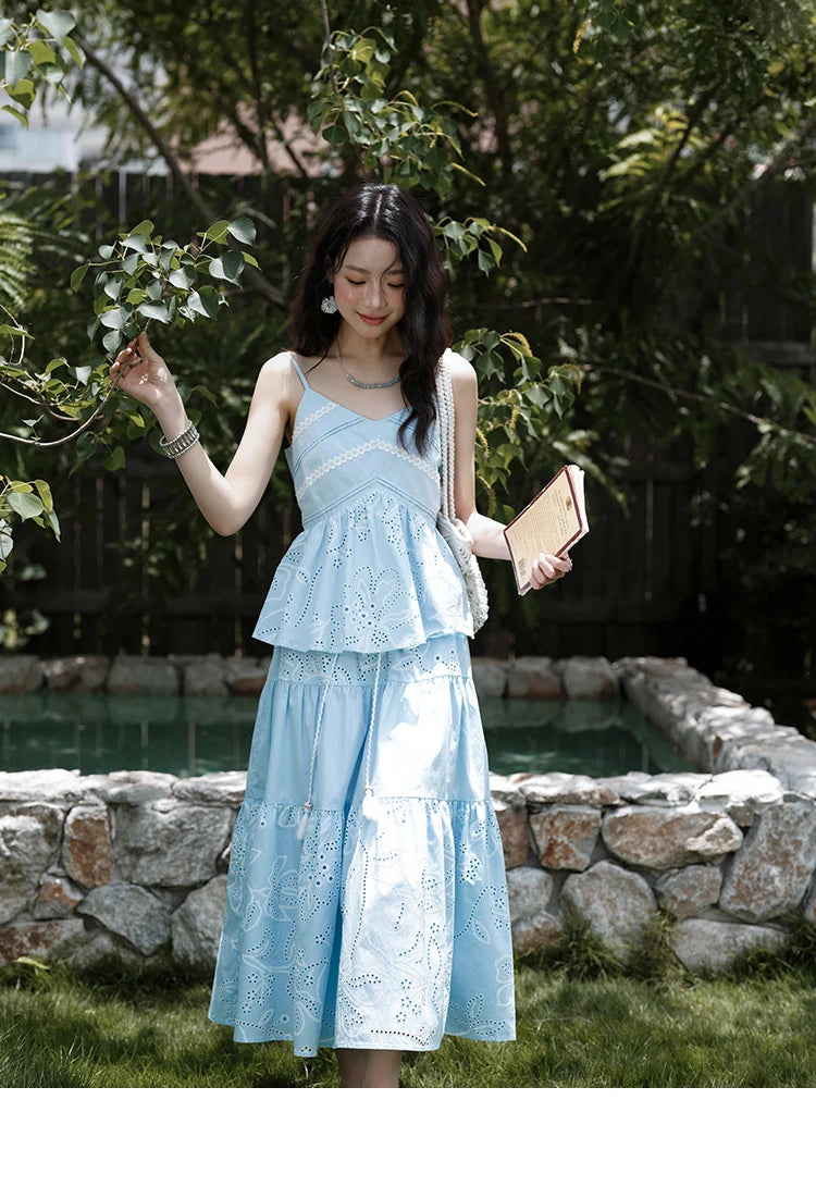 Mishow Strap V-Neck Embroidery Top & Drawstring Skirt Set MXE34T0624