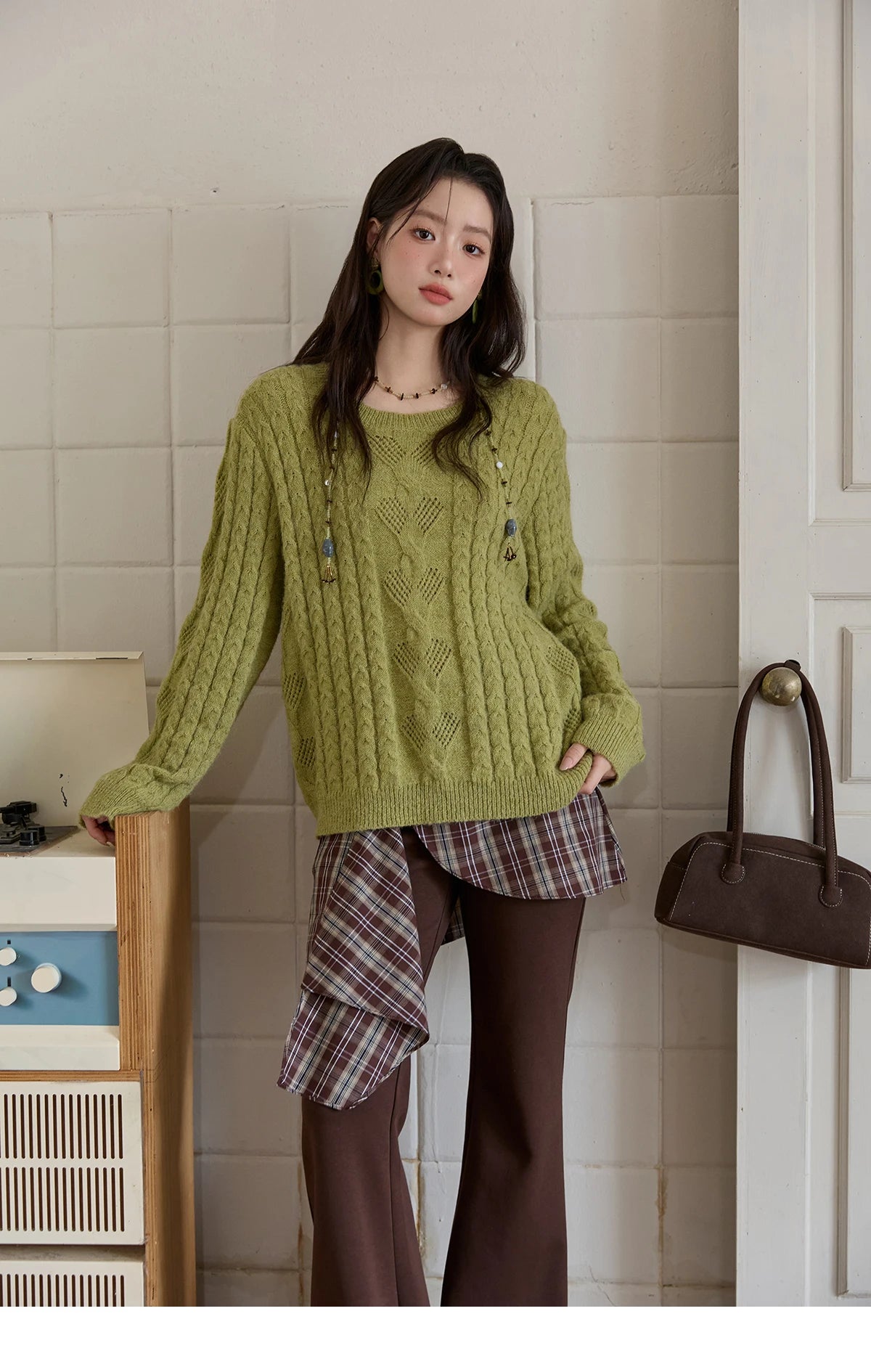 Mishow Green Retro Twisted Rope Hollow Pullover MXE49Z2520