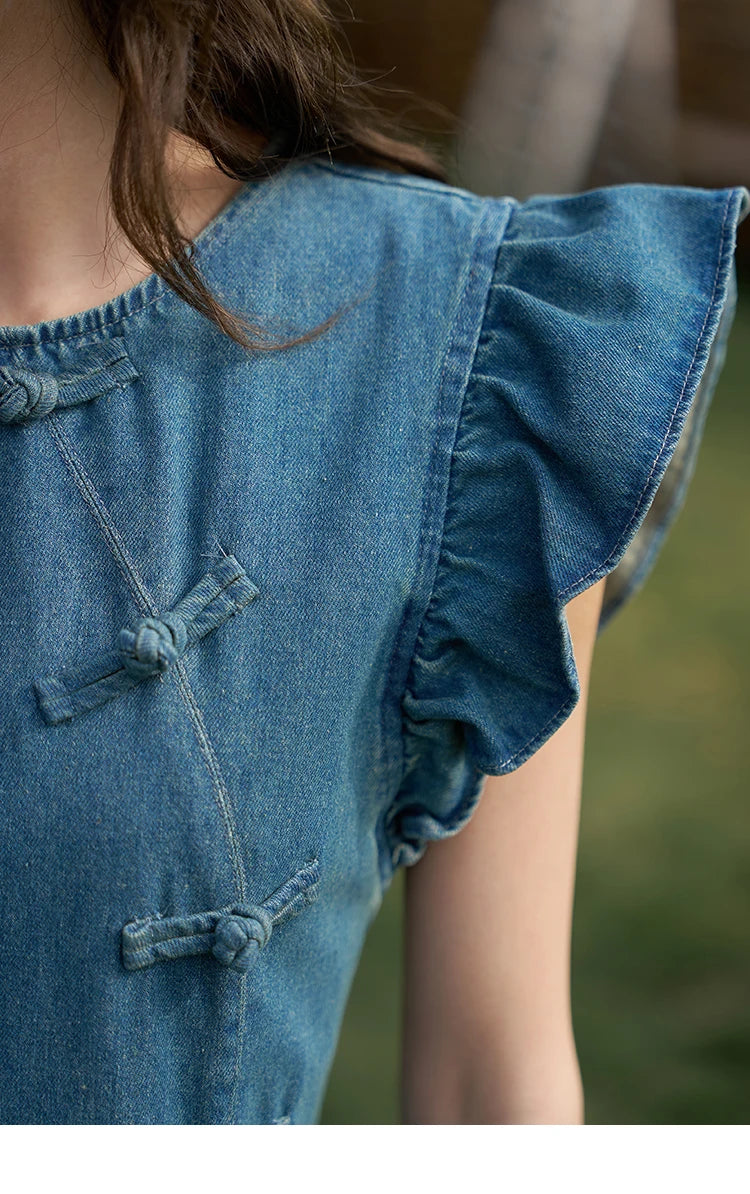 Mishow Chinese Flying Sleeve Split Denim Dress MXD22L1851
