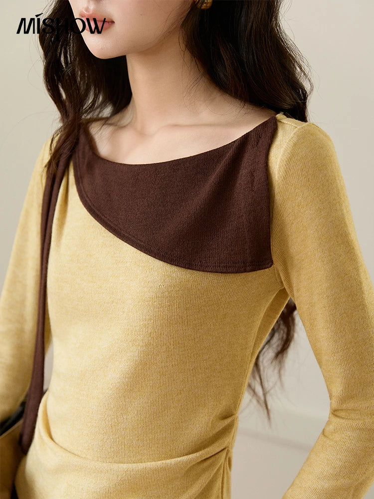 Mishow Yellow Brown Contrast Oblique Collar Knit Top MXF11Z2911