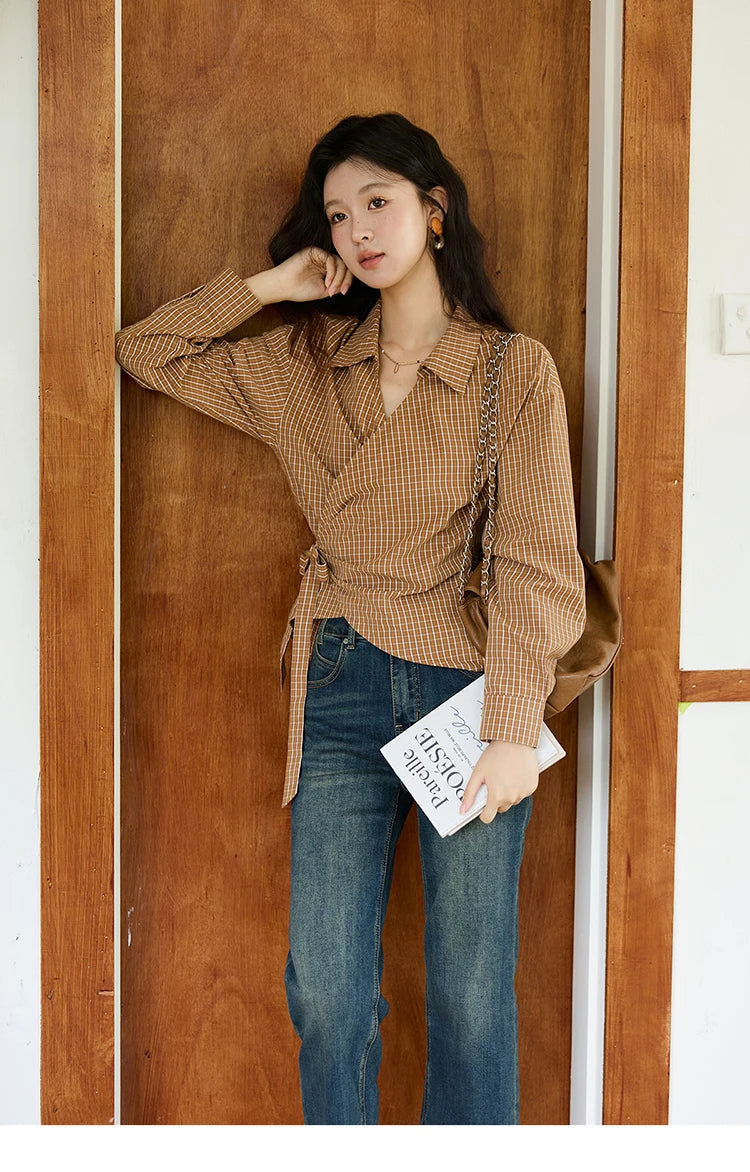 MISHOW Dark Orange Plaid Shirt Side Waist Lace-Up MXE46X2494