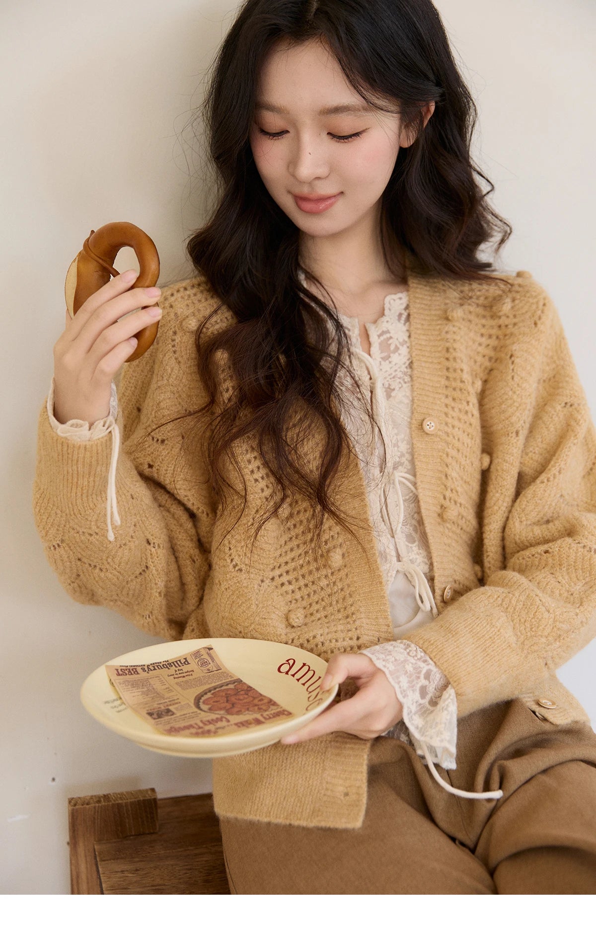 Mishow Hollow-out V-Neck Bobble Knit Cardigan MXF108Z1020