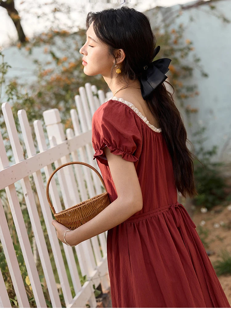 Mishow French Puff Sleeve Lace Neck Long Dress MXE35L2297