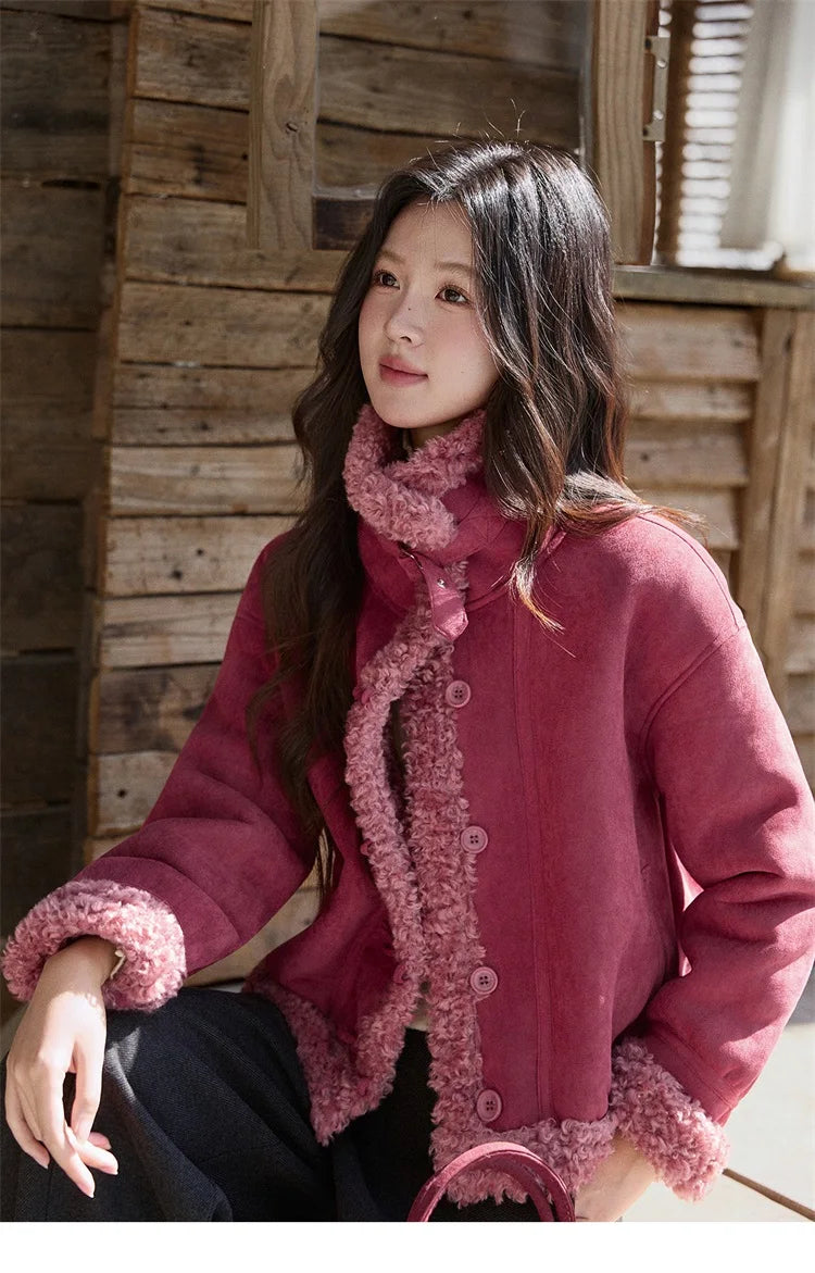Mishow Dragon Fruit Red Suede Patchwork Coat MXE87W0942