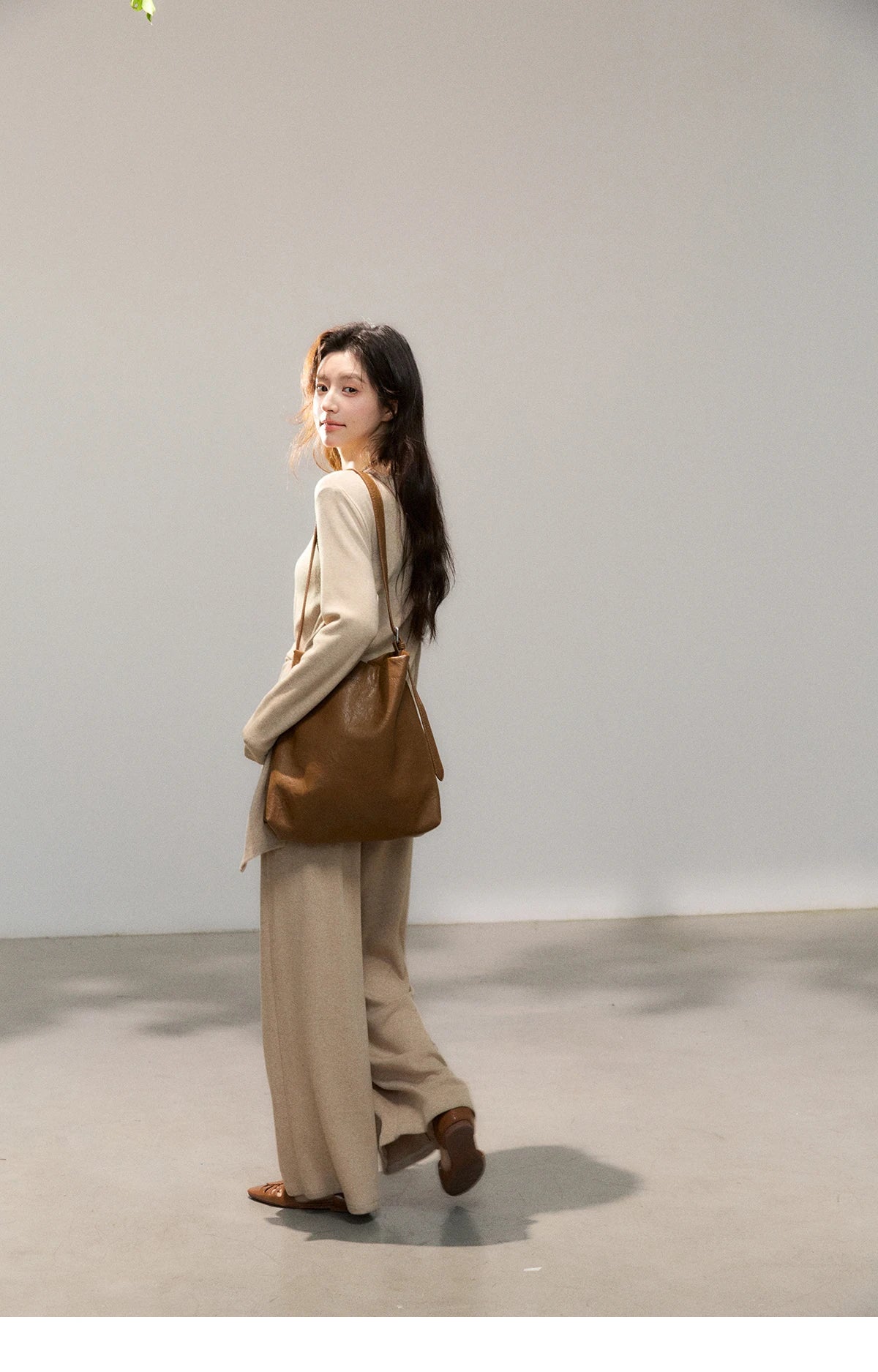 Mishow Khaki Asymmetrical Hem Top & Wide Leg Pants Set MXF11T1465