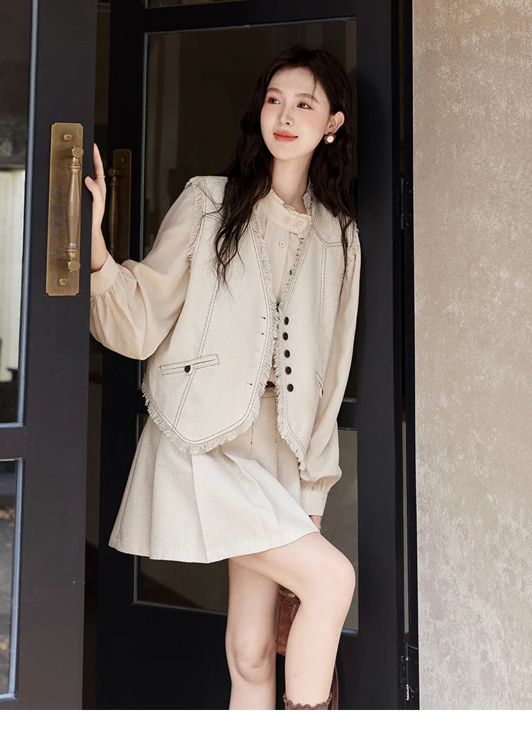 Mishow French Apricot Stand Collar Shirt & Pleated Mini Skirt Set MXD48C0365