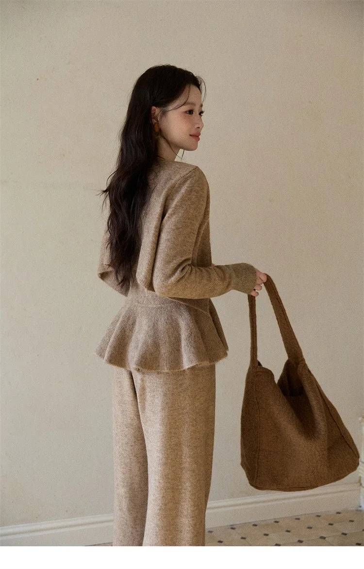 Mishow Khaki Knitted Three-Dimensional Floral Camisole Cardigan & Wide Leg Pants Three-Piece Set MXE87T1449