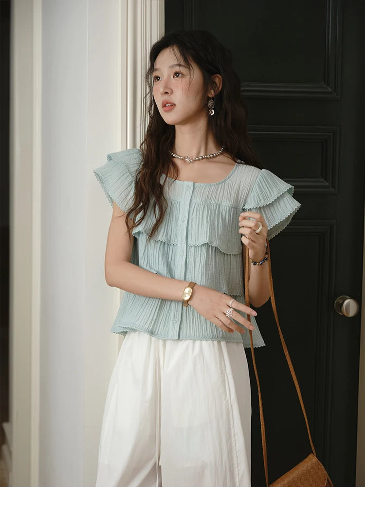 MISHOW Butterfly Sleeve Chiffon Shirt Square Neck Button MXD30X1488