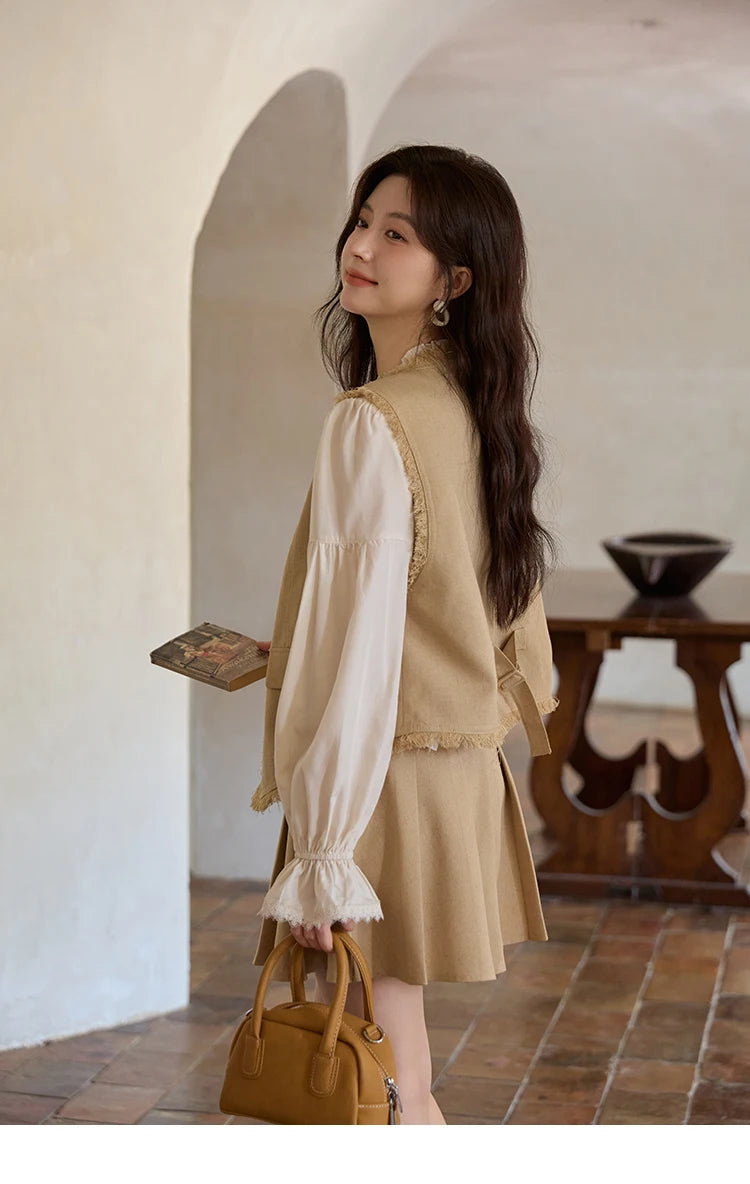 Mishow Khaki Selvedge Vest & Pleated Skirt Set MXE41T0690