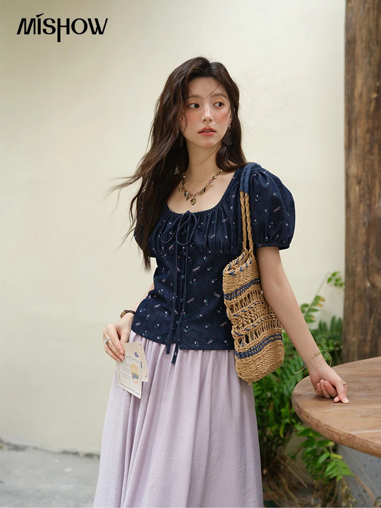 MISHOW Puff Sleeve Square Neck Blouse Lace Up Print Denim MXE39X1933