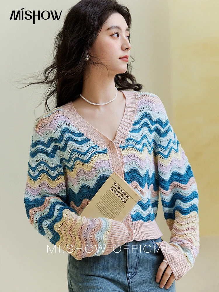 Mishow Color Stripe V-Neck Loose Cardigan MXE16Z1203