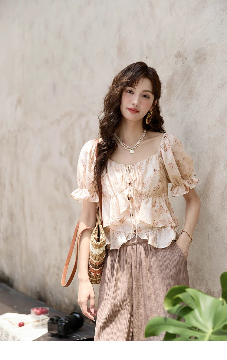MISHOW Floral Print Square Neck Shirt Bubble Sleeve Patchwork MXD30X1565