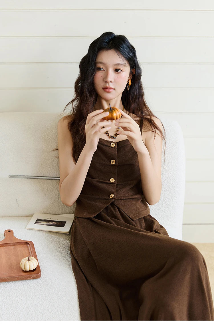 Mishow Retro Dark Brown Tank Top & Pleated A-Line Skirt Set MXE46T1378