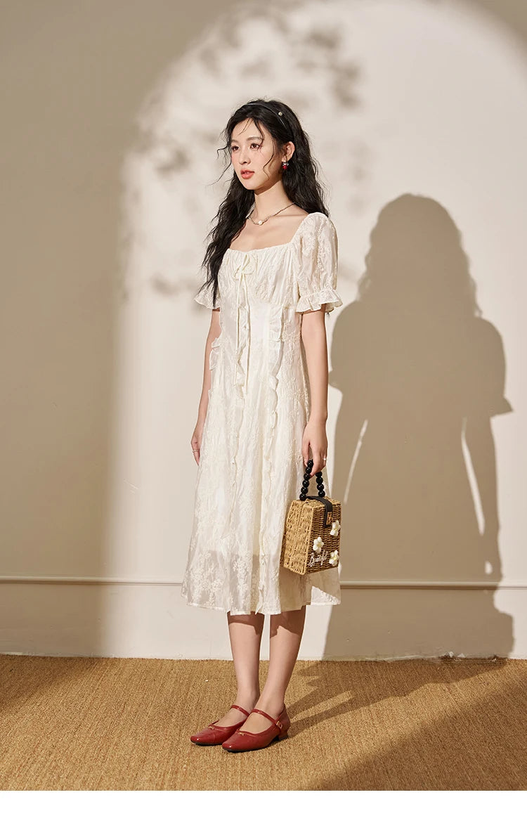 Mishow Square Neck Vertical Stripe Ruffle Dress MXD27L1808