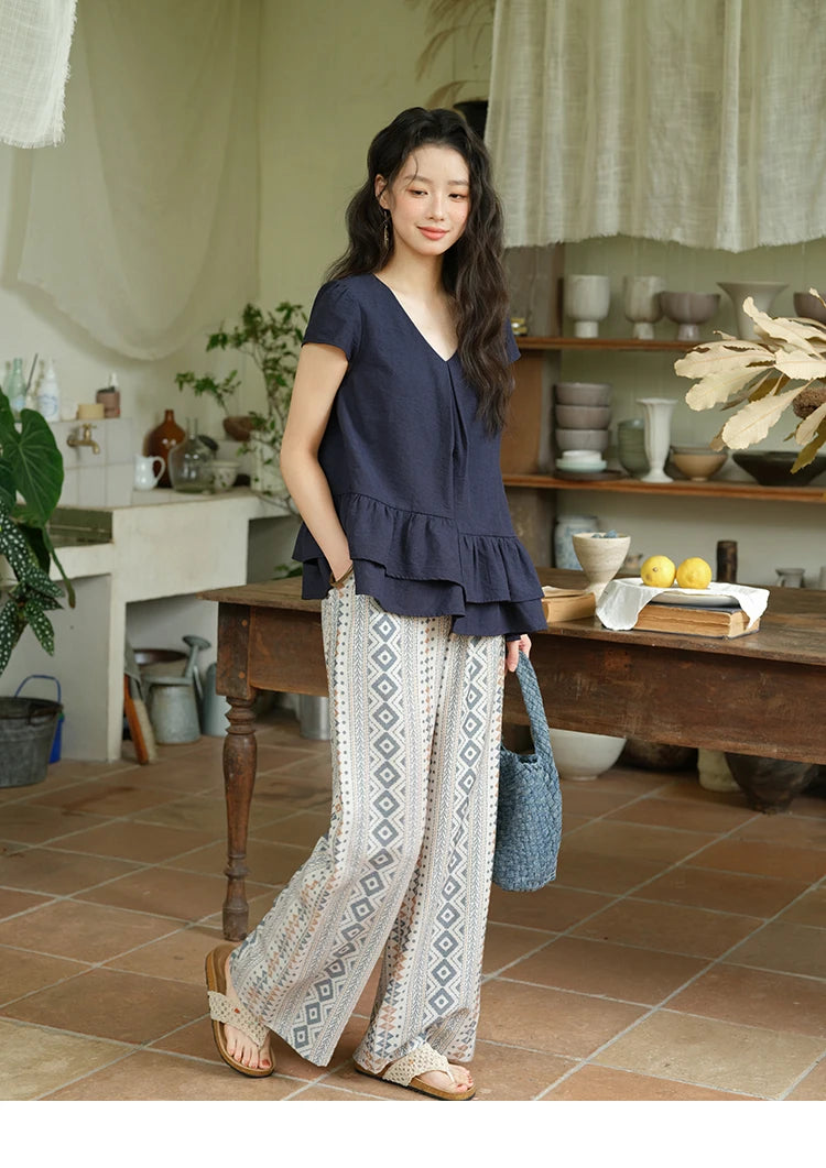 Mishow Lotus Leaf Edge V-Neck Blouse & Geometric Wide Leg Pants Set MXE39T0670