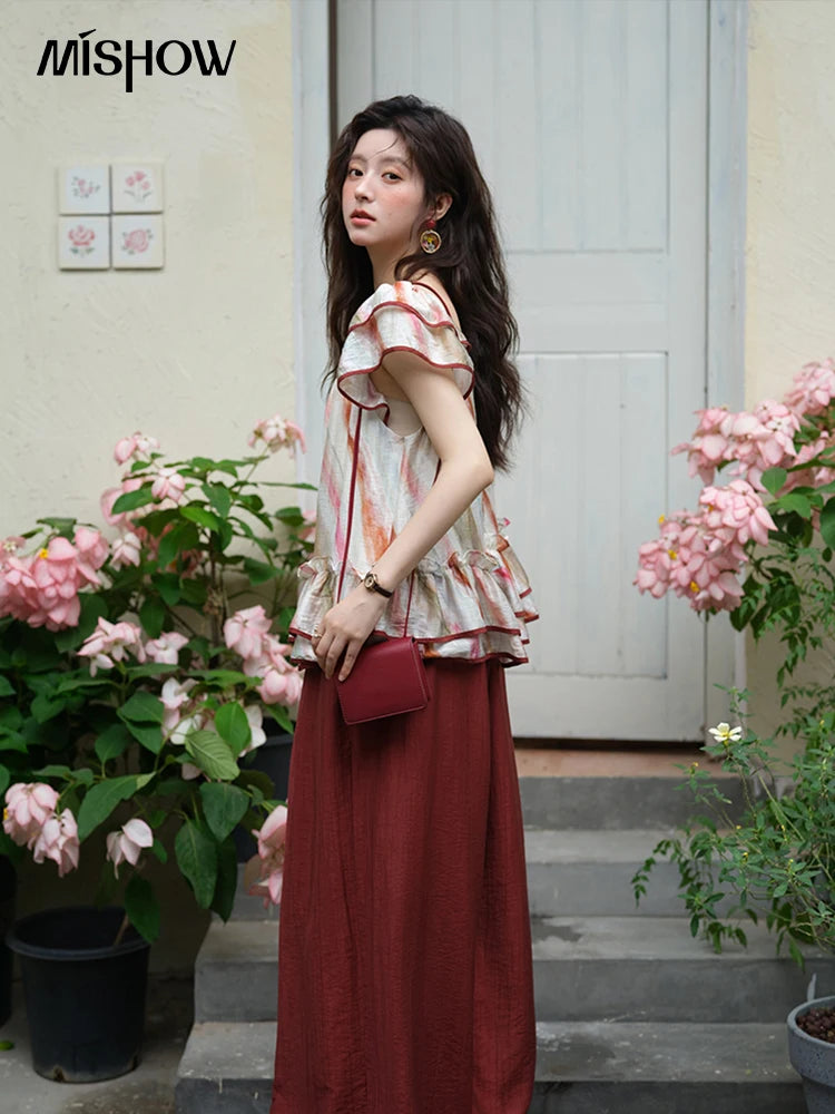 MISHOW Red Wide Leg Pants High Waist Pocket Elastic MXE38K0952