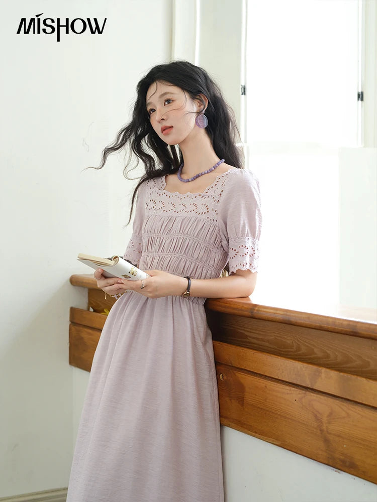 Mishow Purple Square Neck Puff Sleeve Lace Dress MXE39L2406