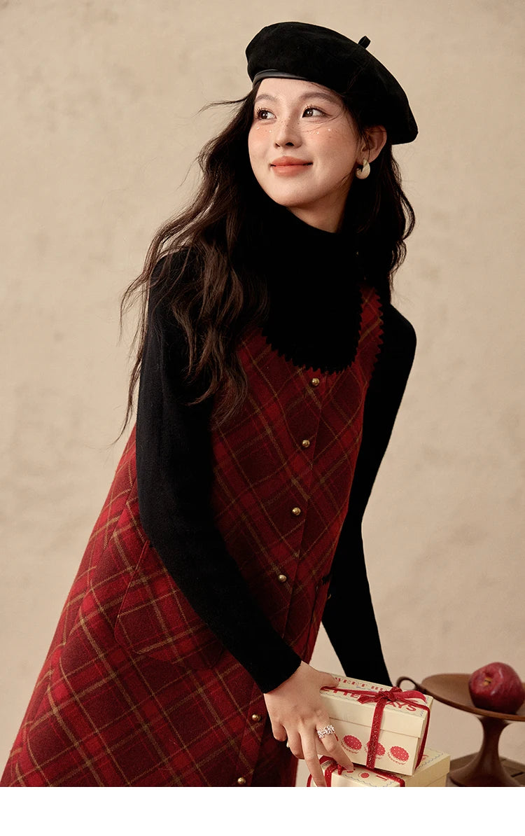 Mishow Plaid Square Neck Woolen Vest Dress MXD58L2078