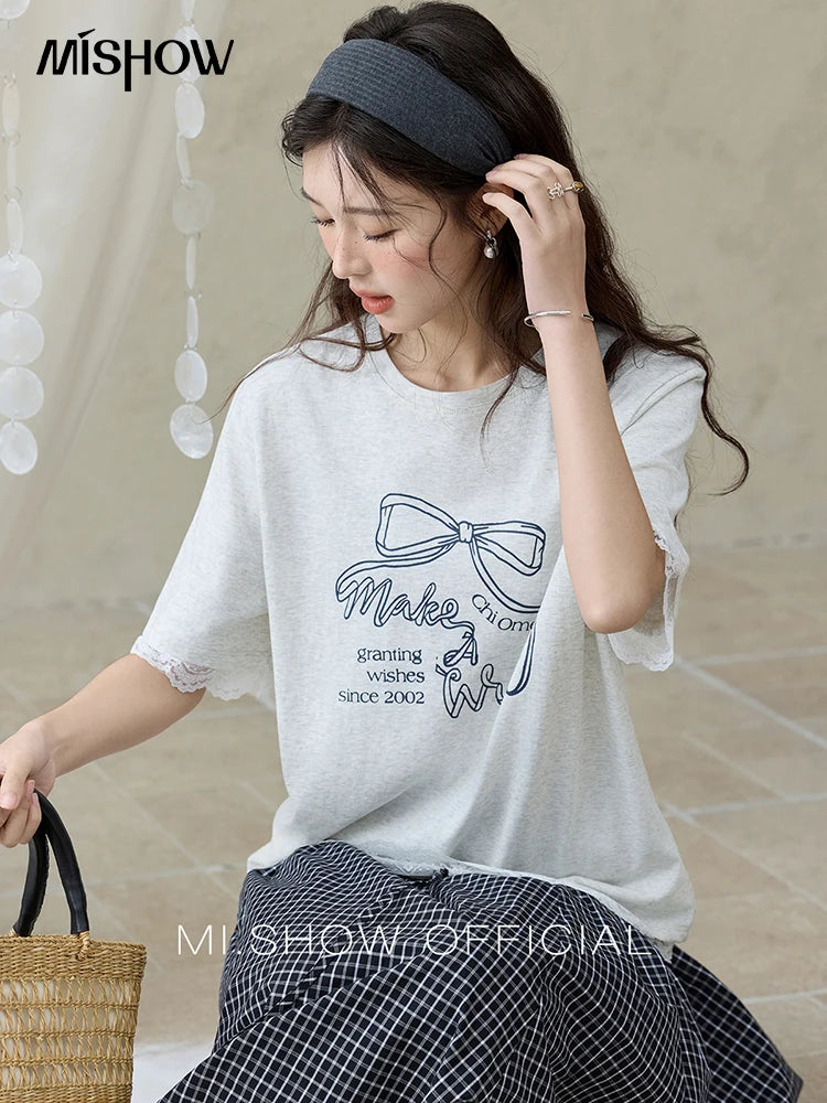 Mishow Print Lace Bow Detail Tee MXE32T0554