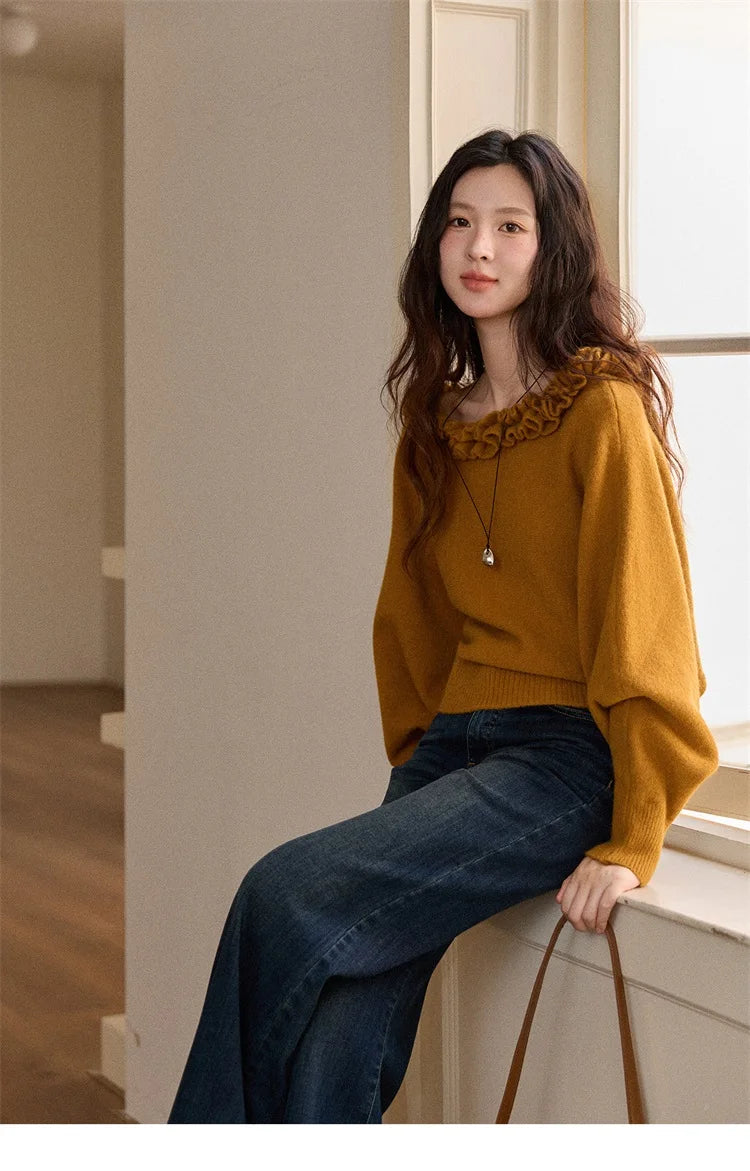 Mishow Orange Lotus Edge Lantern Sleeve Pullover MXE86Z2726