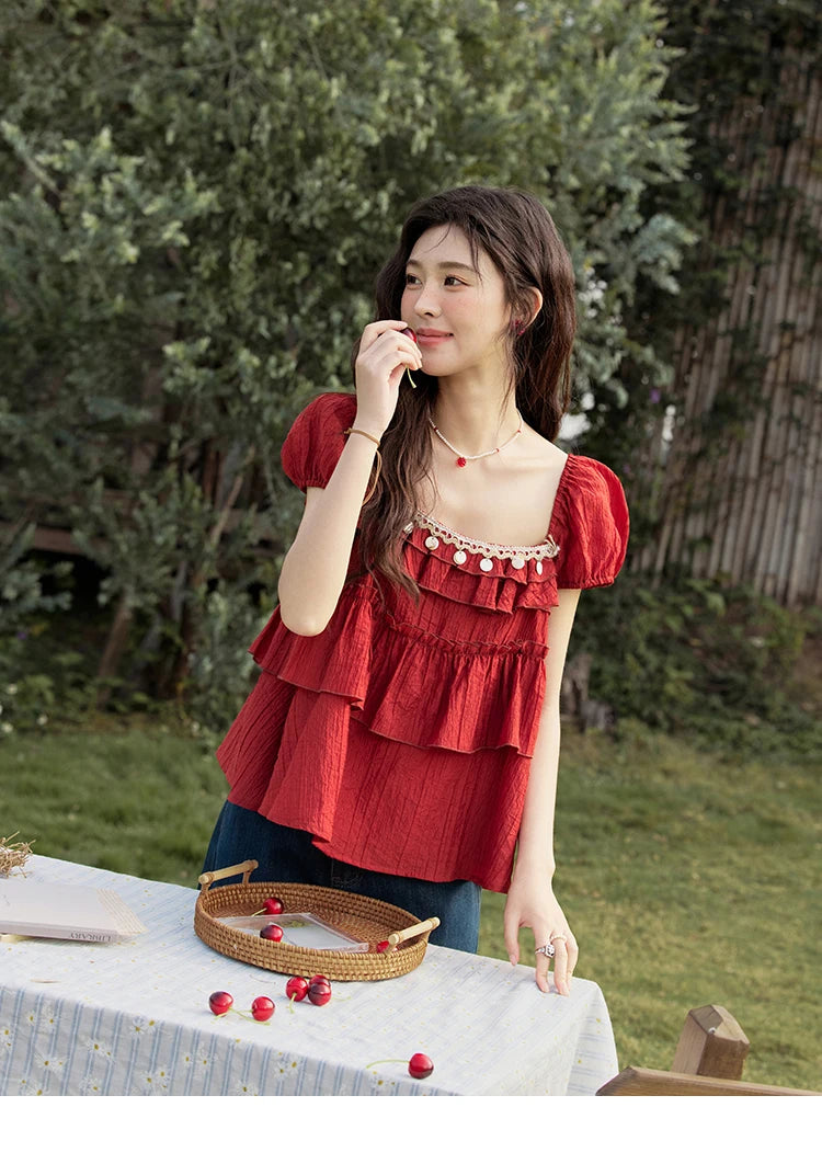 MISHOW Square Collar Puff Sleeve Tiered Blouse MXE33X1763