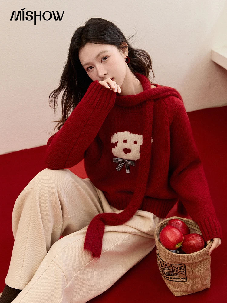 Mishow Red Puppy Jacquard Crew Neck Sweater MXE93Z2932