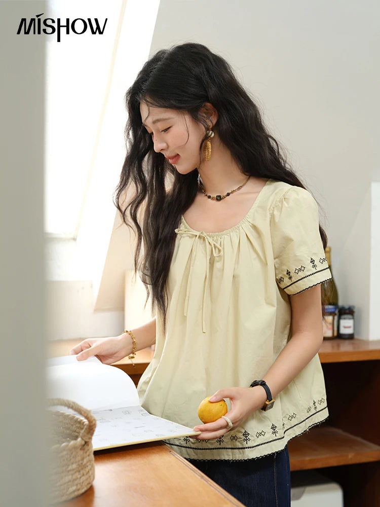 MISHOW Cotton Blouse Round Neck Lace Up Puff Sleeve MXE39X1966