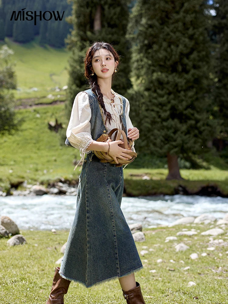 MISHOW Washed Hem Fringed Denim Midi Skirt A-Line Retro MXD41B0453