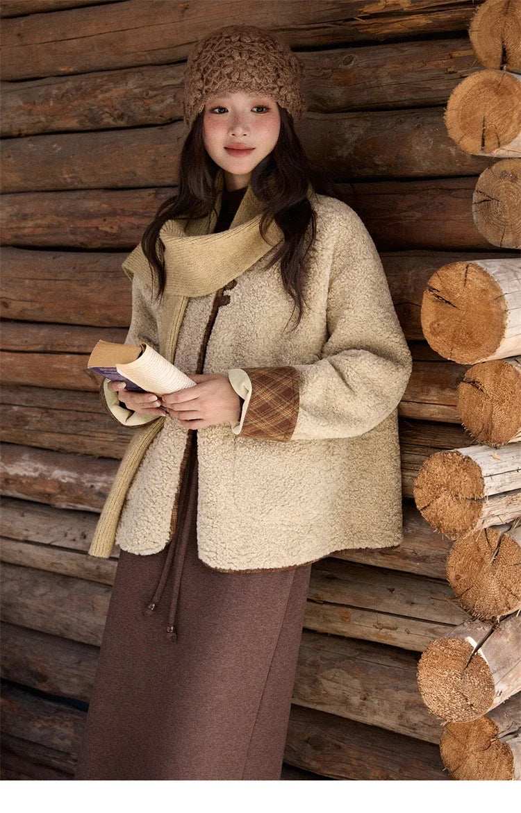 Mishow Plaid Patchwork Lamb Wool Round Neck Coat MXE90W0923