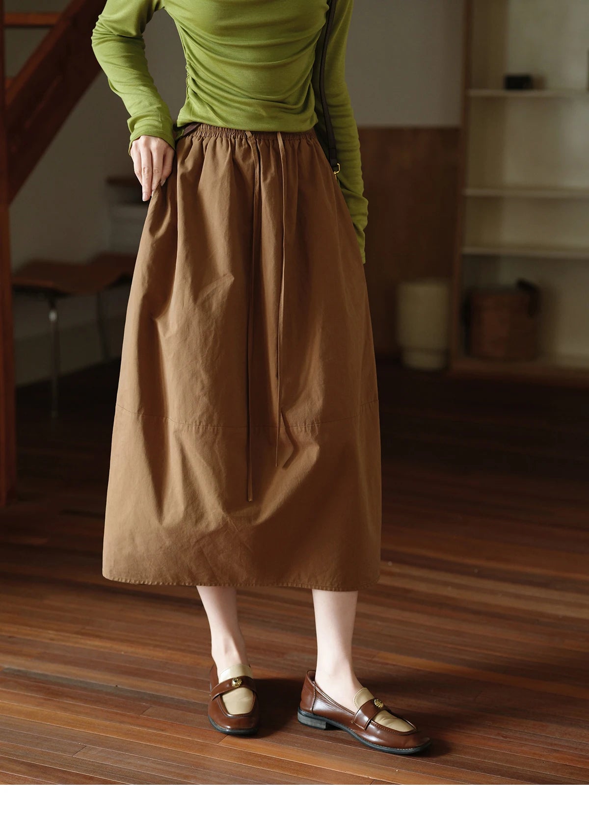 MISHOW Brown Cotton Bud Skirt Elastic Drawstring High Waist Pocket MXE41B2367