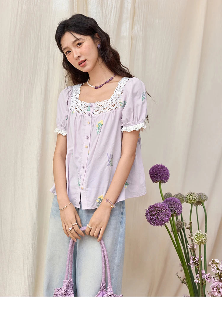 MISHOW Lace Patchwork Square Collar Blouse Puff Sleeve MXE36X1830