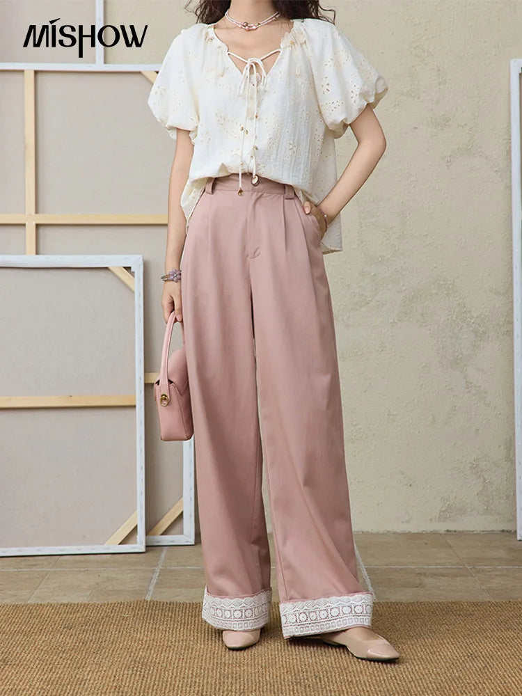MISHOW Hem Lace Hollow Out Wide Leg Pants High Waist Pink MXE31K0900