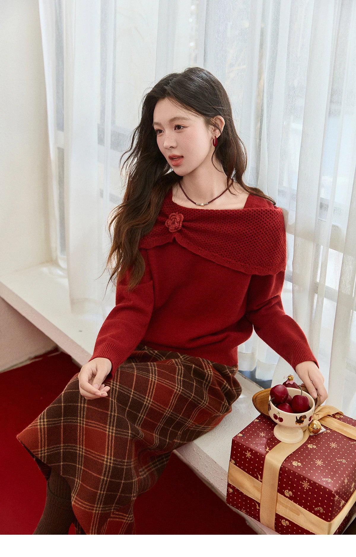 Mishow Christmas Red 3D Flower Alpaca Sweater MXE94Z2889