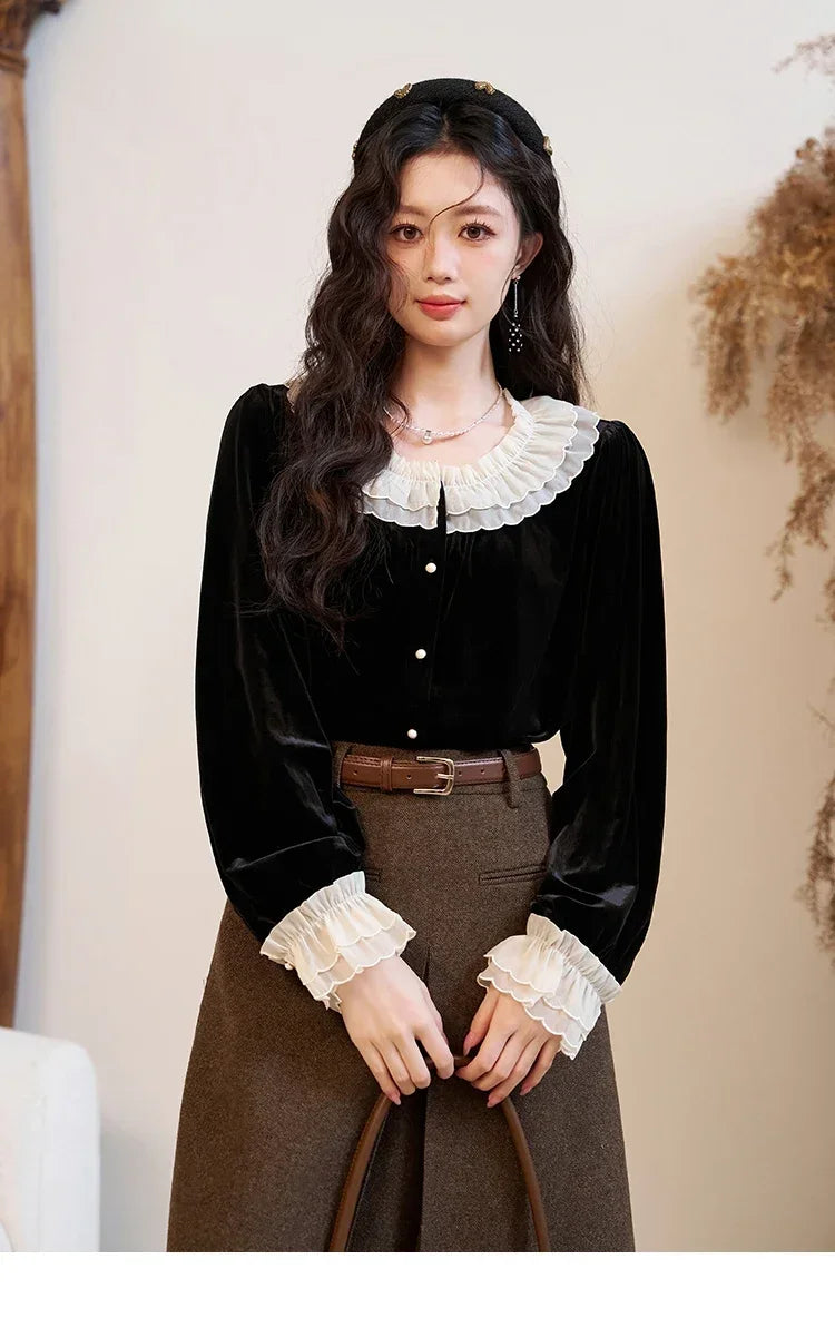 MISHOW French Retro Velvet Blouse Button Down O Neck MXC51X1323