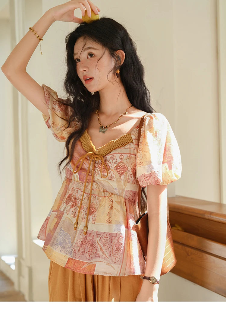MISHOW V-Neck Lace Up Patchwork Blouse Puff Sleeve Floral Print MXE38X1911