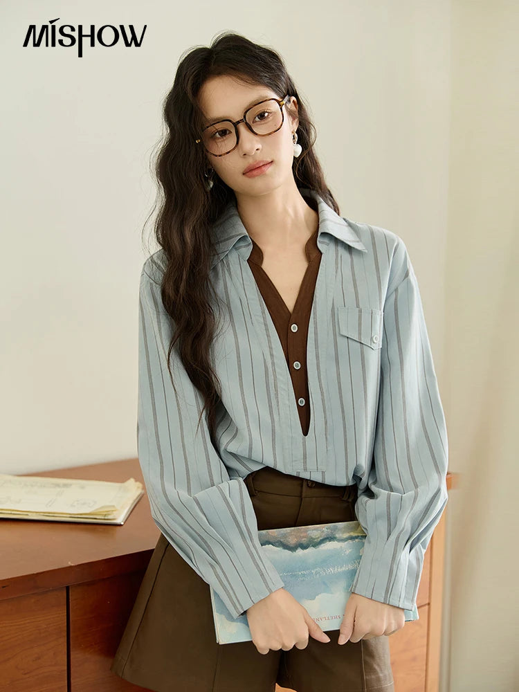 MISHOW Peach Skin Velvet Stripe Shirt Double Layered Collar MXE47C2408