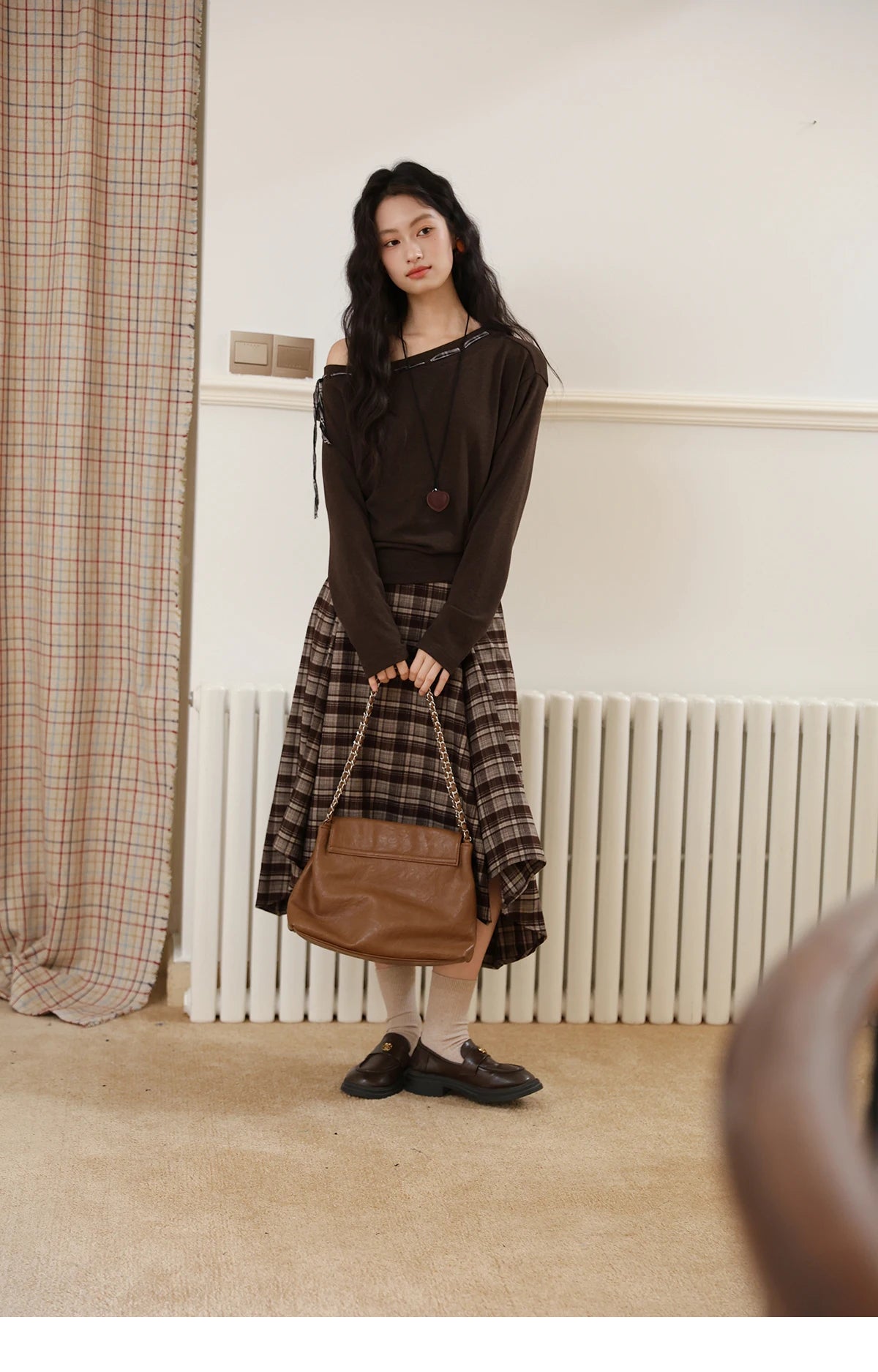 Mishow Slant Shoulder Dark Brown Strap Knit Top MXE45T1402