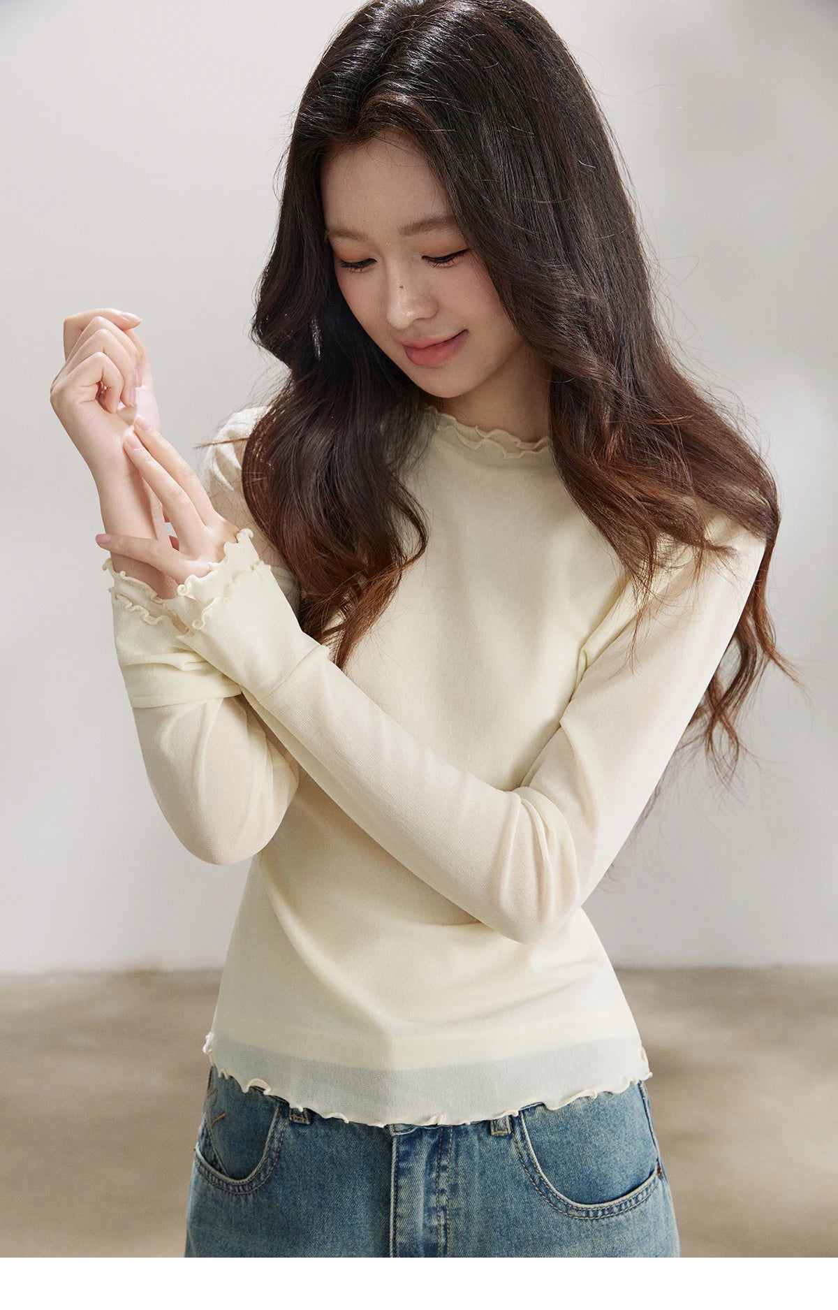 Mishow Ruffled Crew Neck Mesh Tee MXF11Z2914