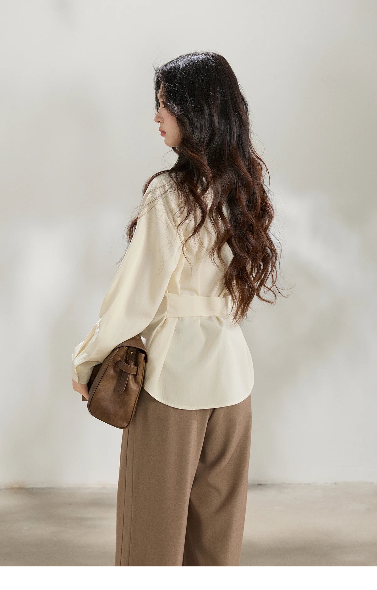 MISHOW Lapel Collar Shirt with Belted Waist Soft Beige MXF13C2452