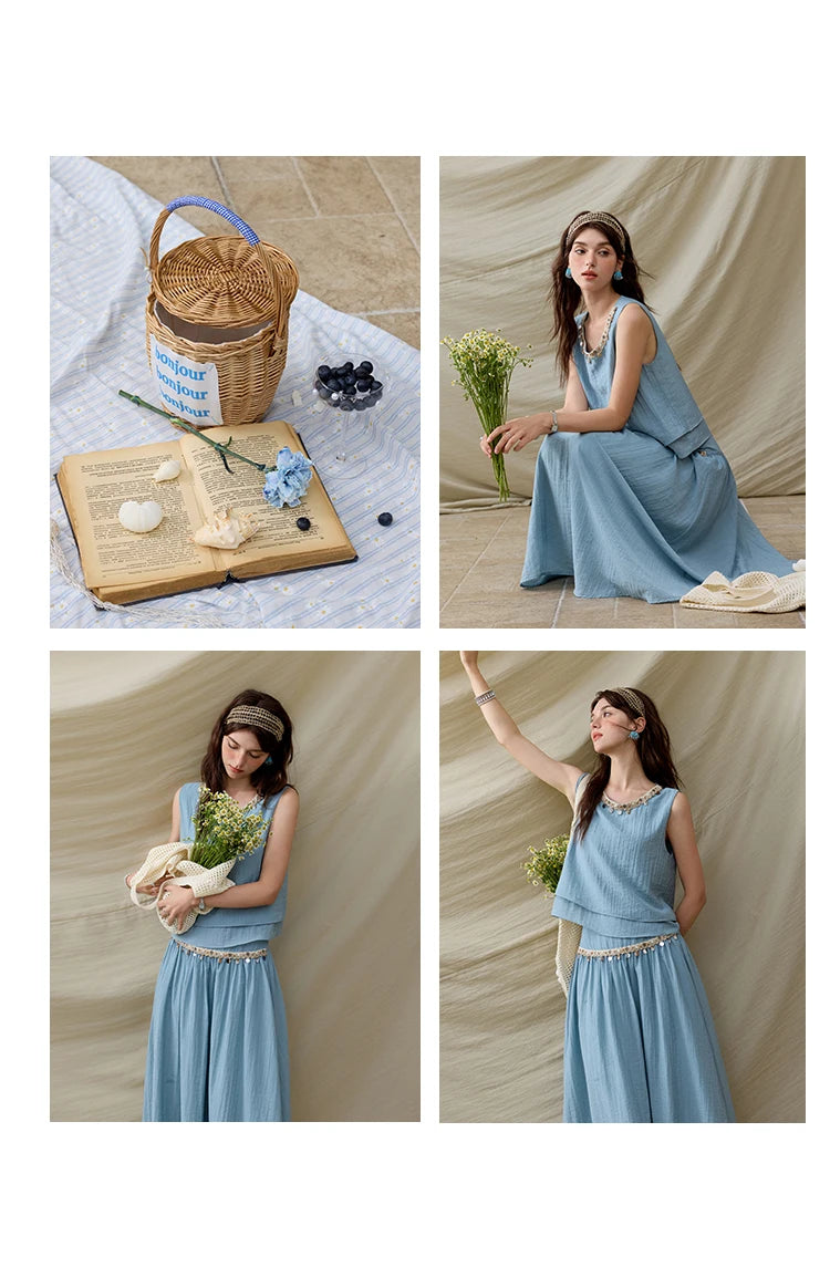 Mishow Sheel Ribbon Round Neck Top & High Waist Skirt Set MXE32T0556
