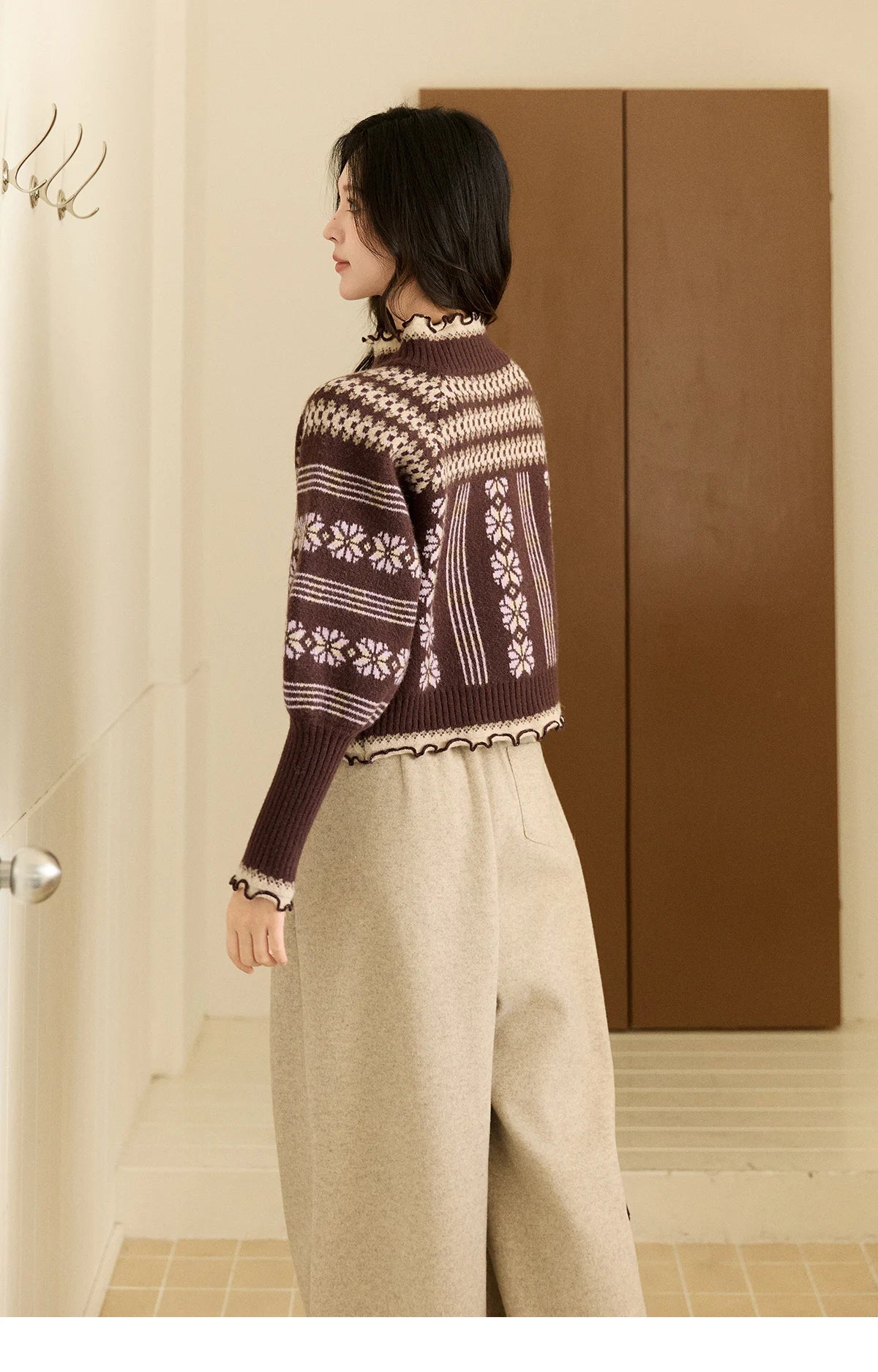 Mishow Brown Fair Isle Lantern Sleeve Zipper Top MXE91Z2868