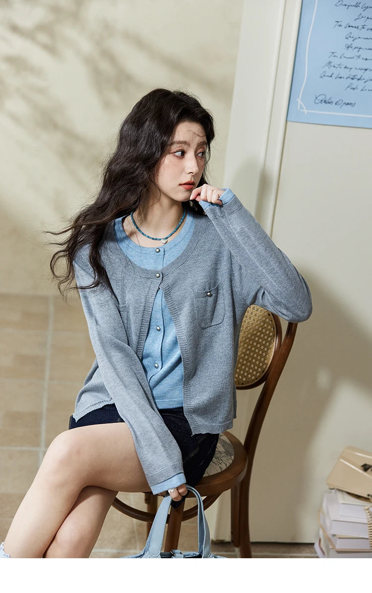 Mishow Fake Two-Piece Contrast Patch Pocket Cardigan MXE12Z1144