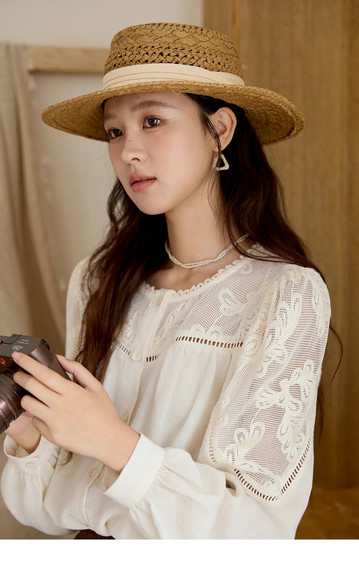 MISHOW Beige Hollow Out Embroidery Shirt O-Neck MXE44X2498