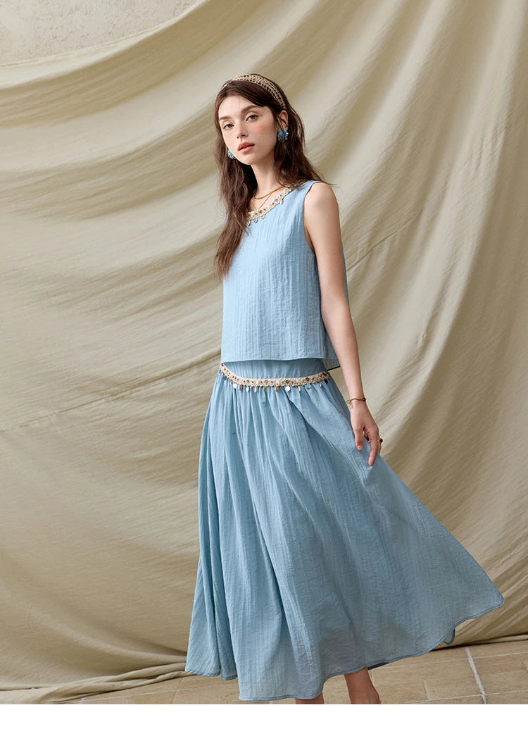 Mishow Sheel Ribbon Round Neck Top & High Waist Skirt Set MXE32T0556